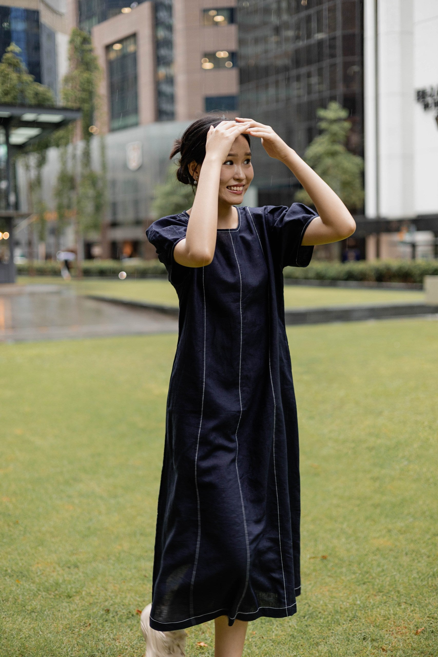 AMEL Seoul | Selene Navy Linen Stitch Dress - Unique Korean Fashion AMEL Seoul | Selene Navy Linen Stitch Dress - Unique Korean Fashion