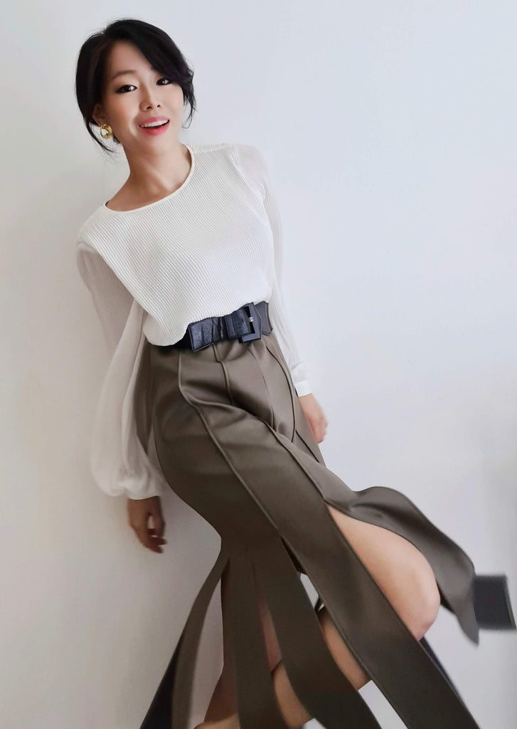 Octo Skirt - Khaki Midi Skirt with slit hems