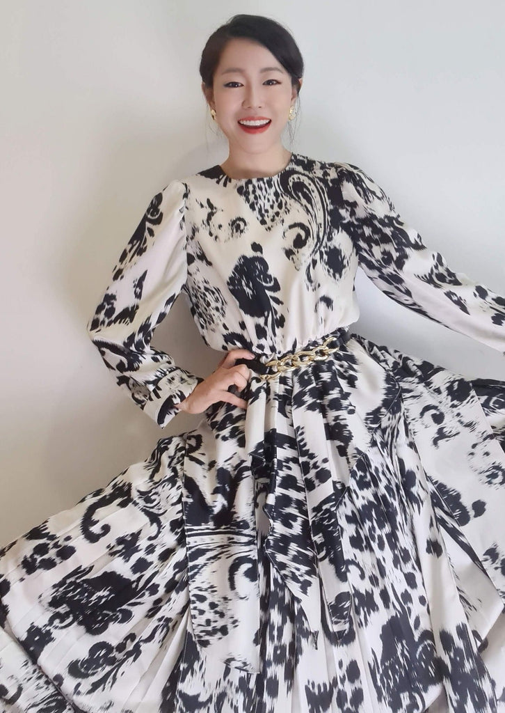 Am:EL - Long black and white dress with prints | Unique luxury dress | Long sleeves | elegant dress