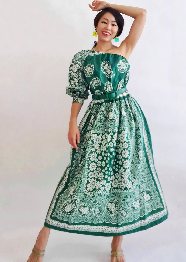 Paisley Sundress - one shoulder green paisley print sun dress 100% cotton