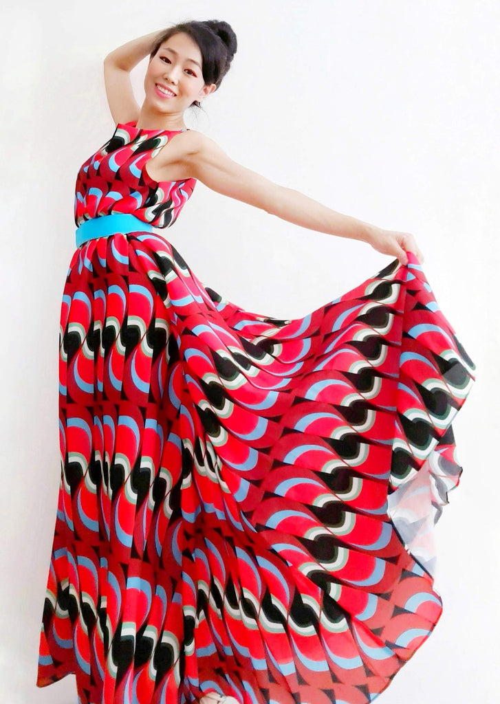 Am:EL Crimson Rosella Swing Dress - Rich red, blue and black long dress