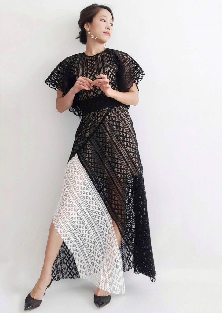 Am:EL - Unique black and white maxi dress | Lacey long dress | Cruella de Vil Maxi