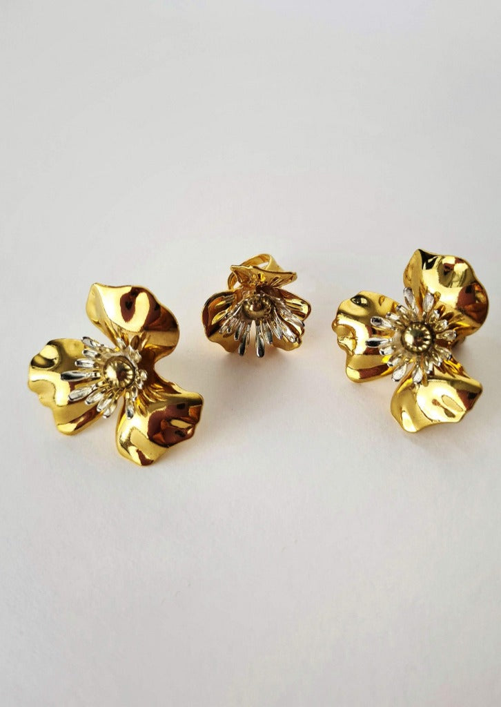 Unique Korean Accessories - Unique Korean Earrings - Gold Floral Earrings