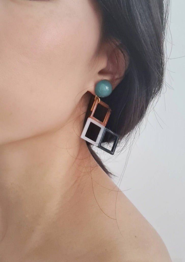 Unique Korean Fashion for Women -Turquoise Tetris Earrings
