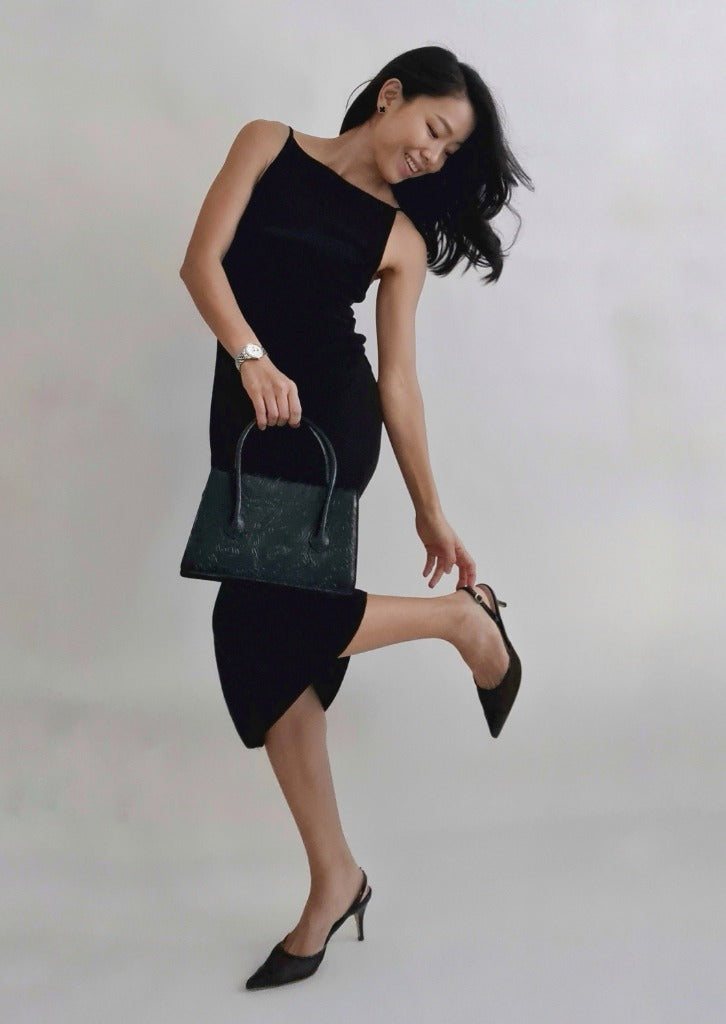 Black Curvy Knit Midi Dress with Engraved Leather Handbag