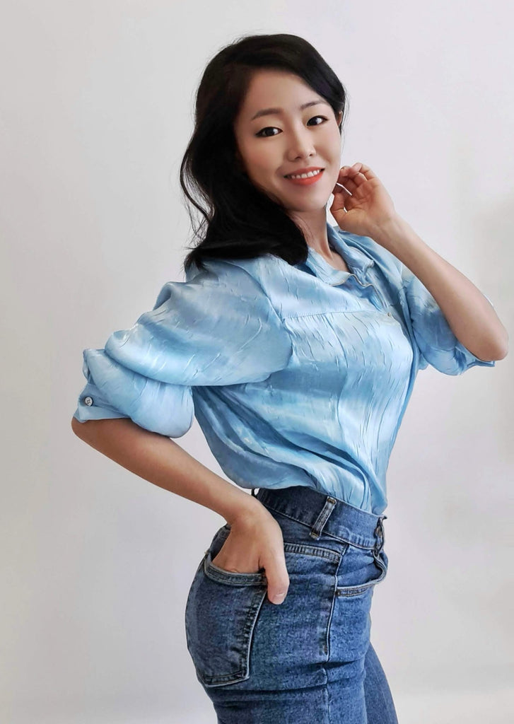 Blue play of tissue half zipper blouse Am:EL