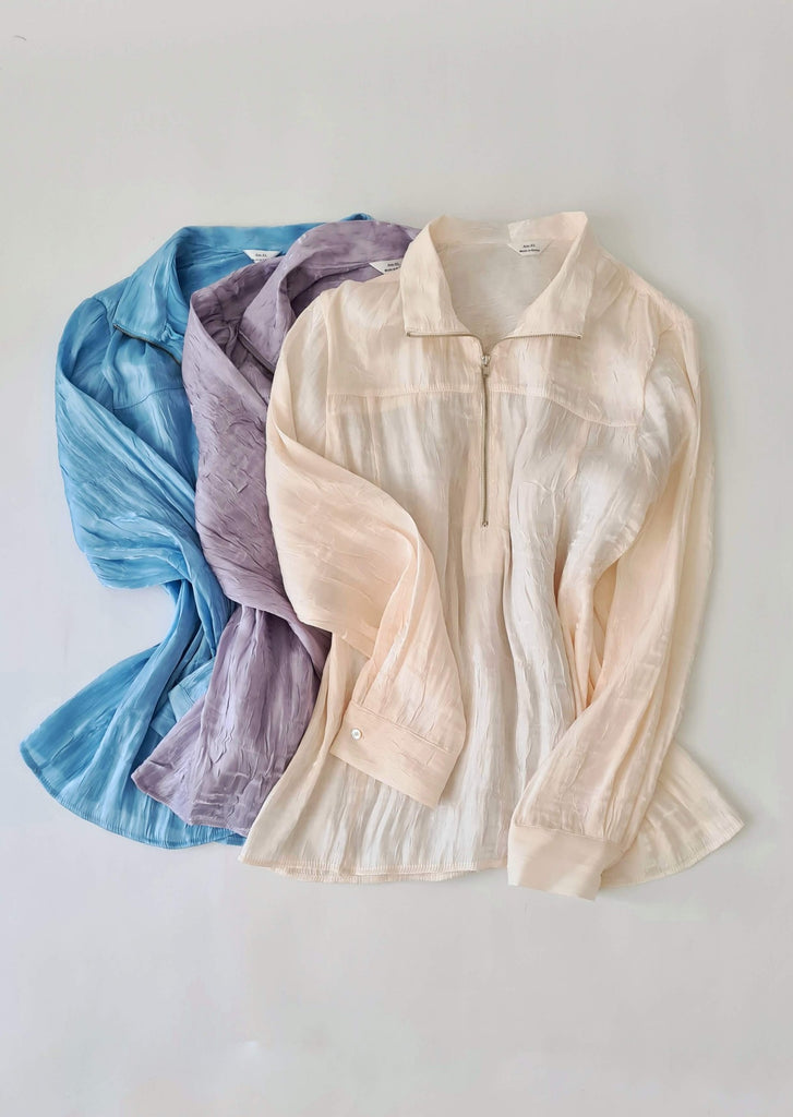 Tissue texture blouse with half-zipper in blue, purple, beige