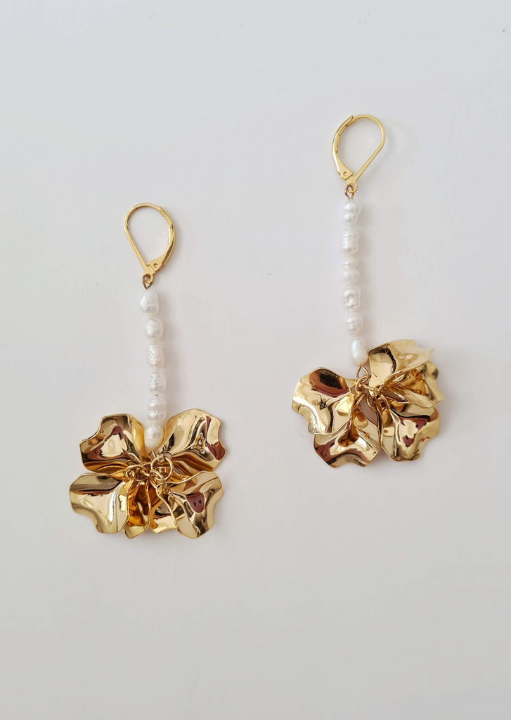 Natural Pearl Earrings with Gold metal pom pom decoration